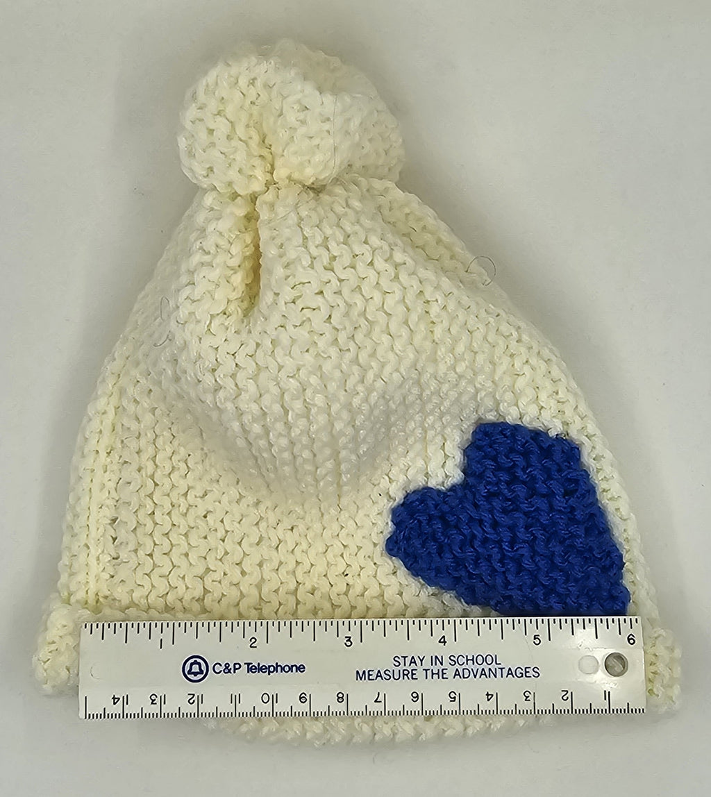 Hand Knit Infant Beanie with Blue Heart
