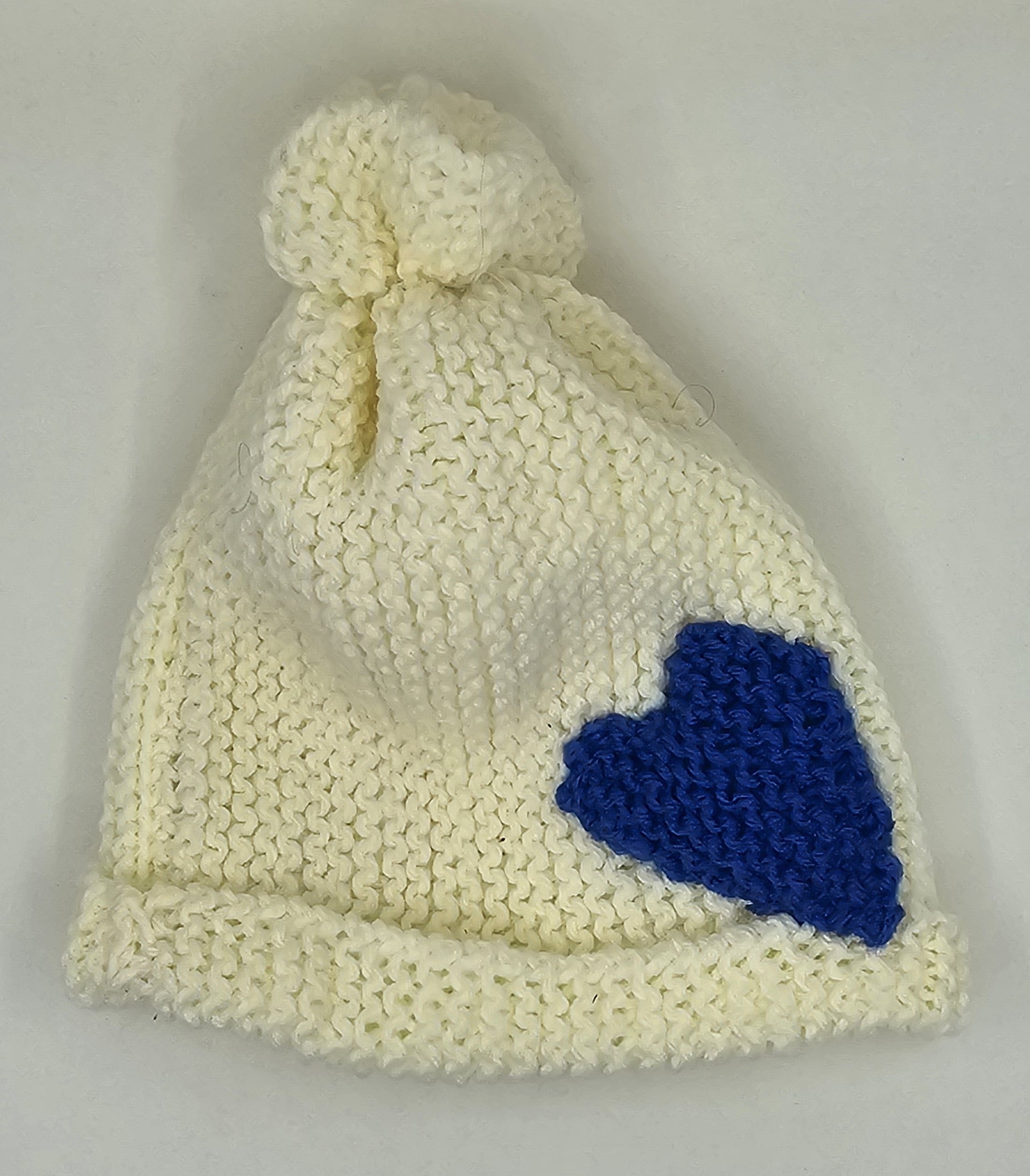 Hand Knit Infant Beanie with Blue Heart