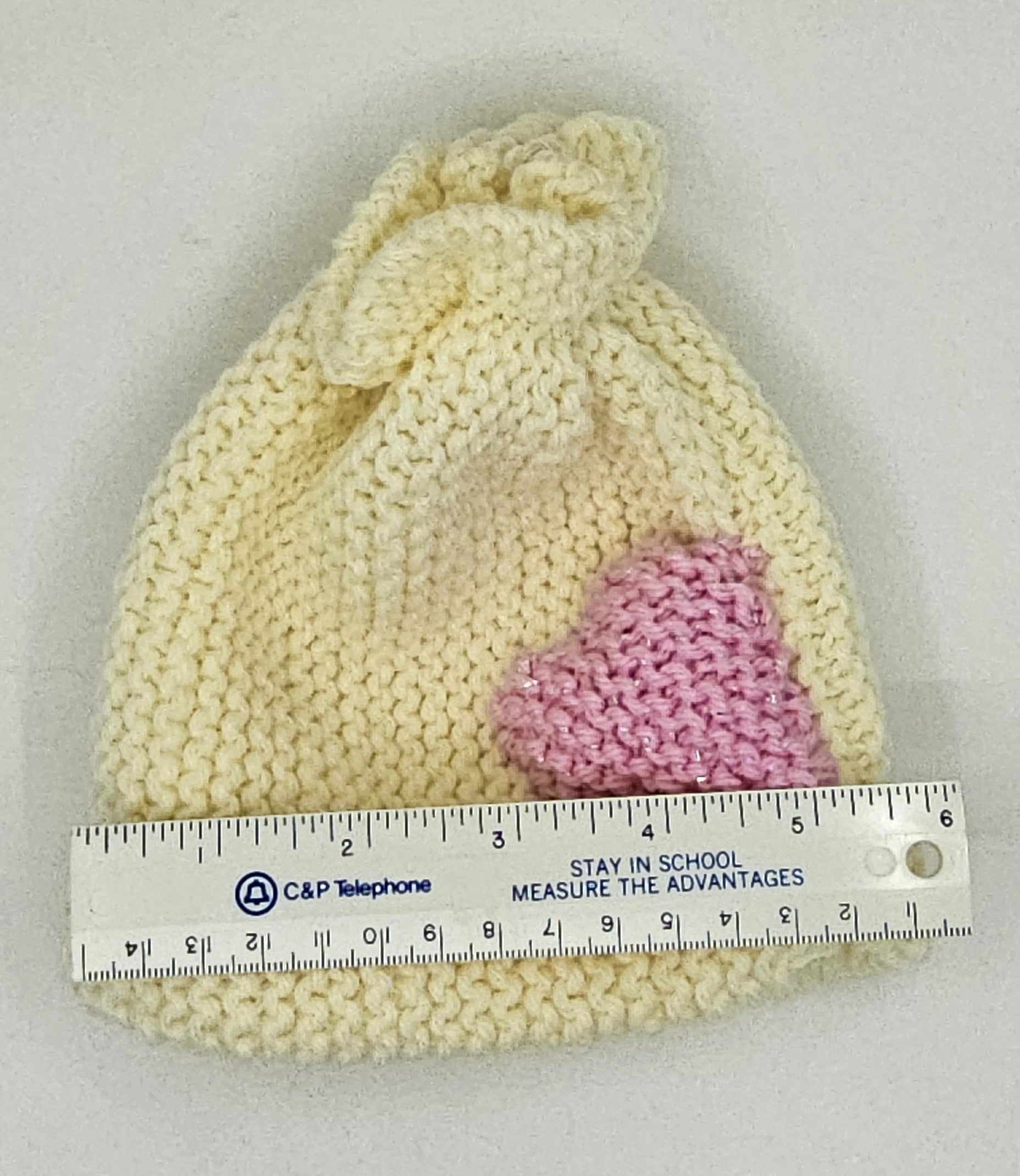 Hand Knit Infant Beanie with Pink Heart