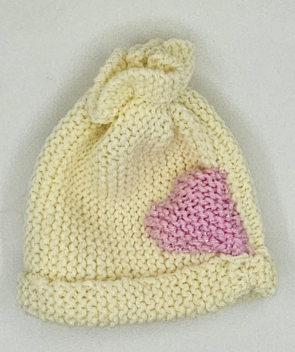 Hand Knit Infant Beanie with Pink Heart