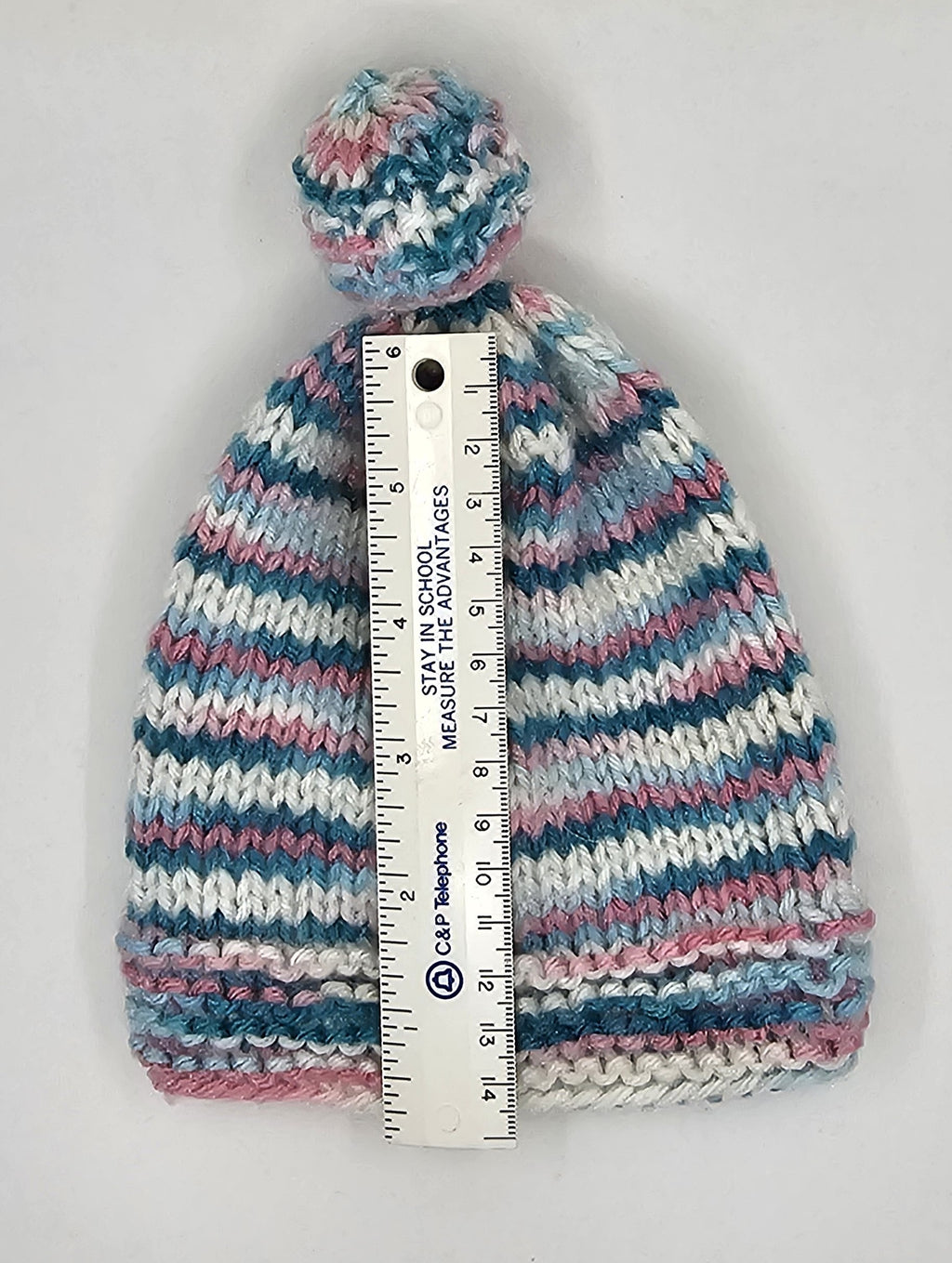 Hand Knit Infant Beanie - Striped Pink, Blue, & White