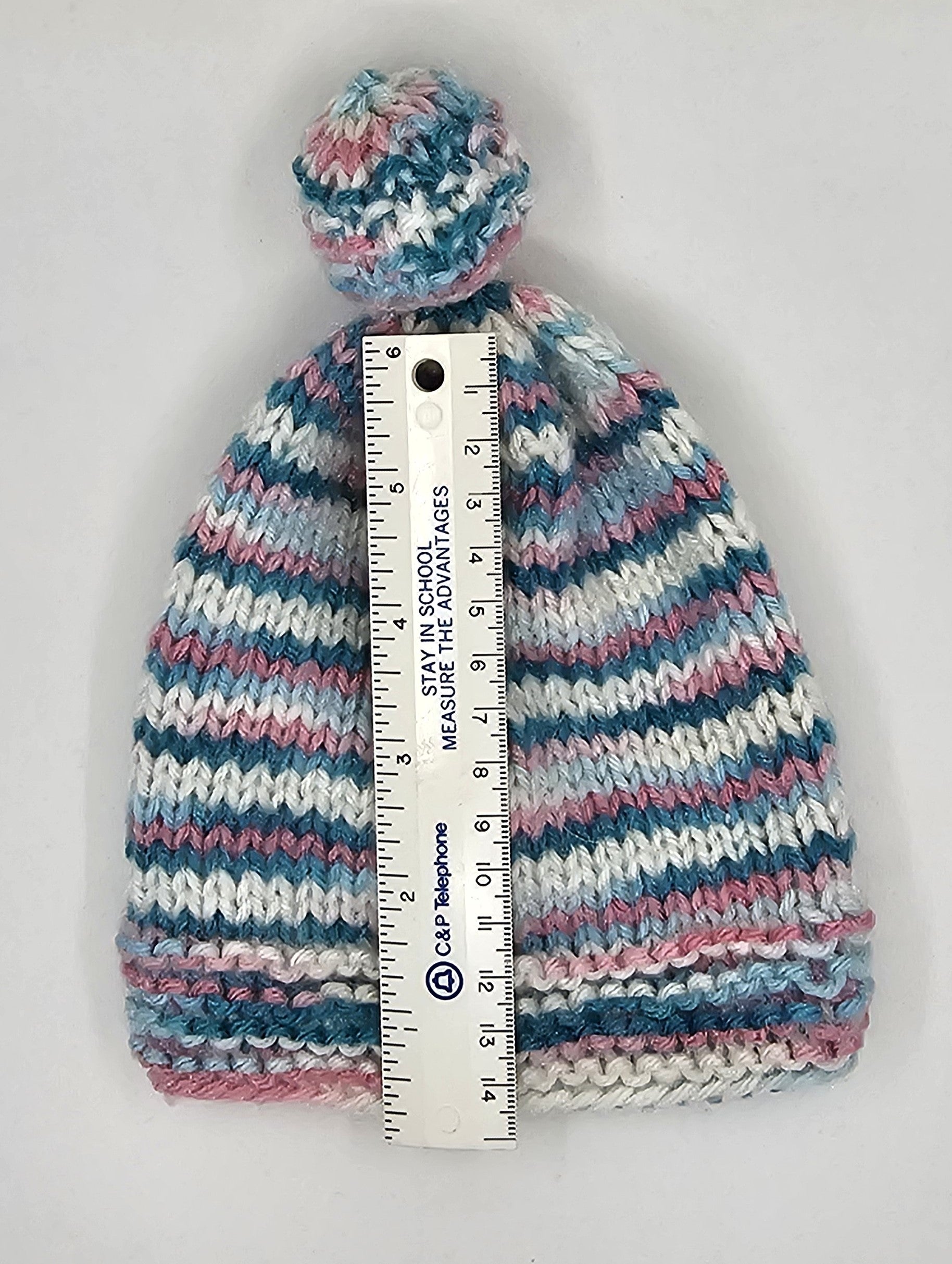 Hand Knit Infant Beanie - Striped Pink, Blue, & White