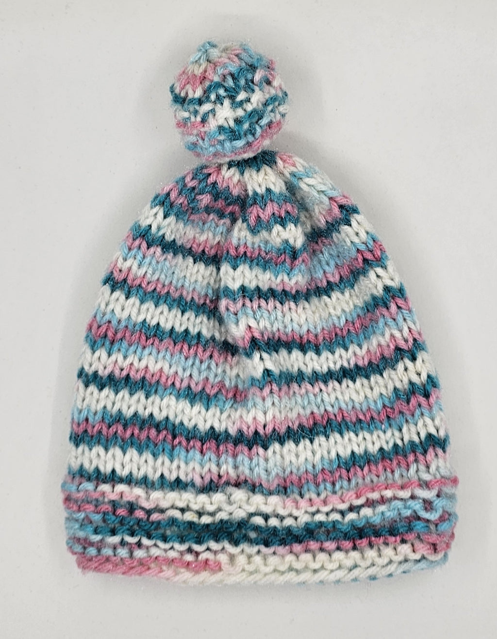 Hand Knit Infant Beanie - Striped Pink, Blue, & White