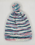 Hand Knit Infant Beanie - Striped Pink, Blue, & White