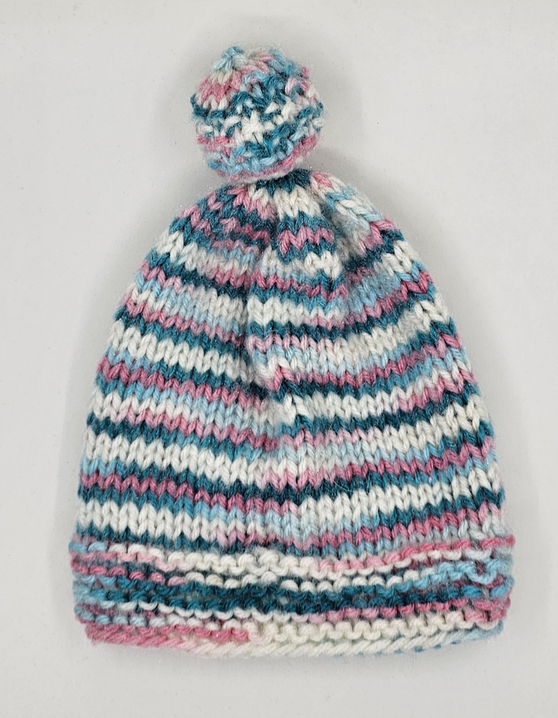 Hand Knit Infant Beanie - Striped Pink, Blue, & White