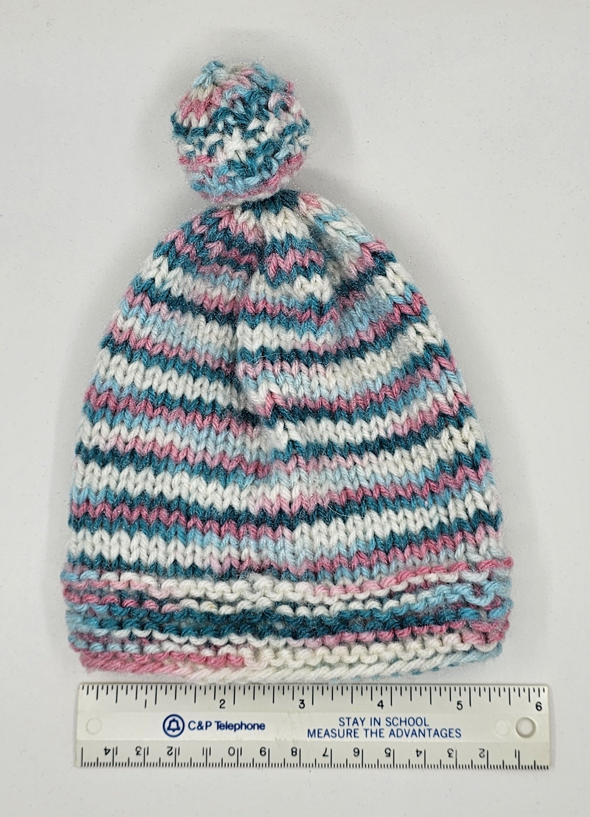 Hand Knit Infant Beanie - Striped Pink, Blue, & White