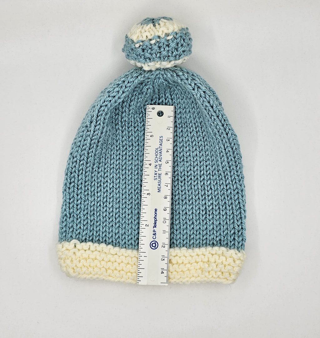 Hand Knit Infant Beanie - Blue and White