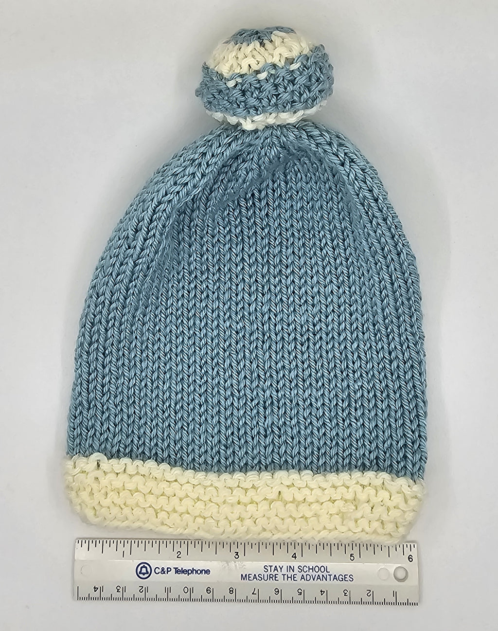Hand Knit Infant Beanie - Blue and White
