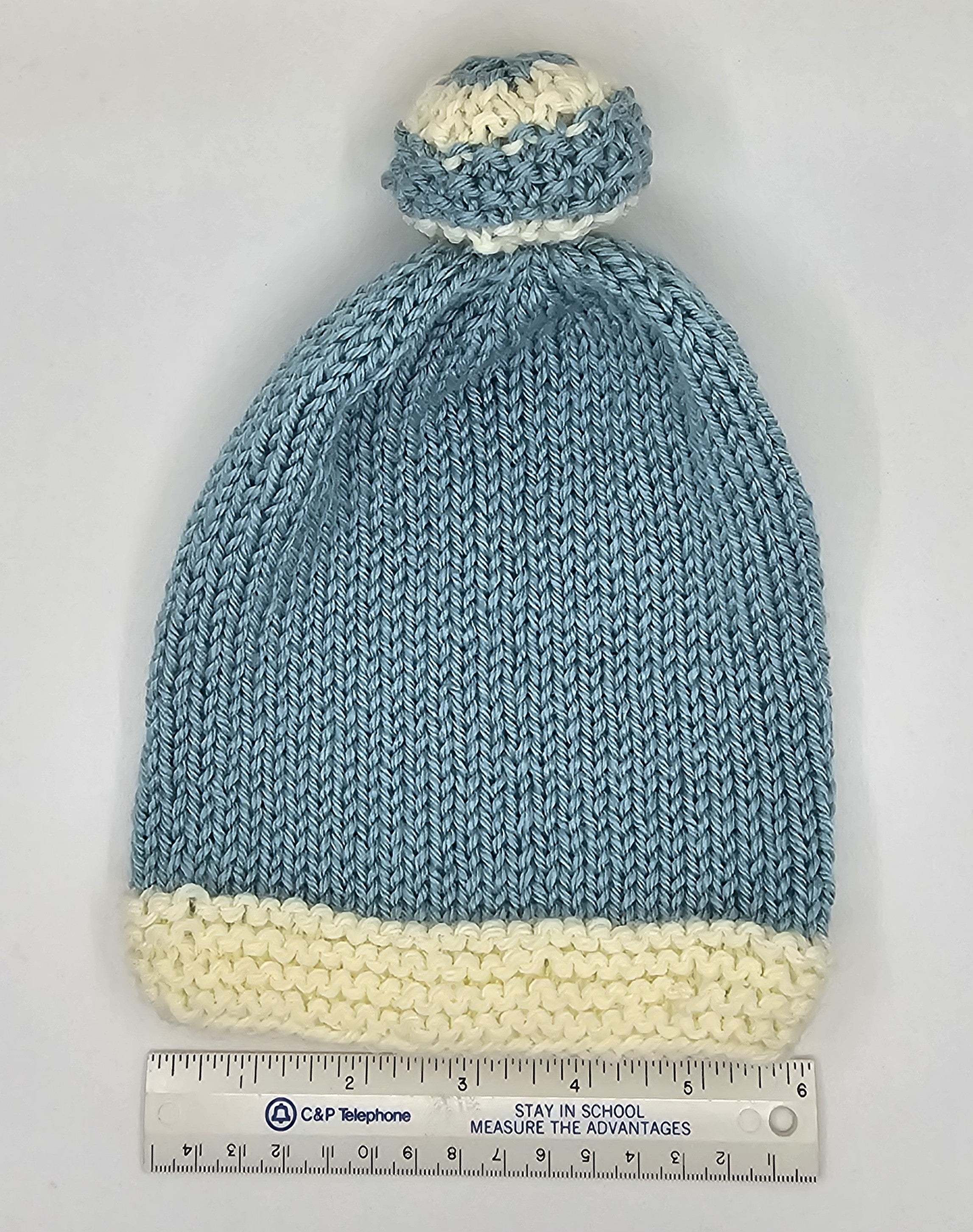 Hand Knit Infant Beanie - Blue and White