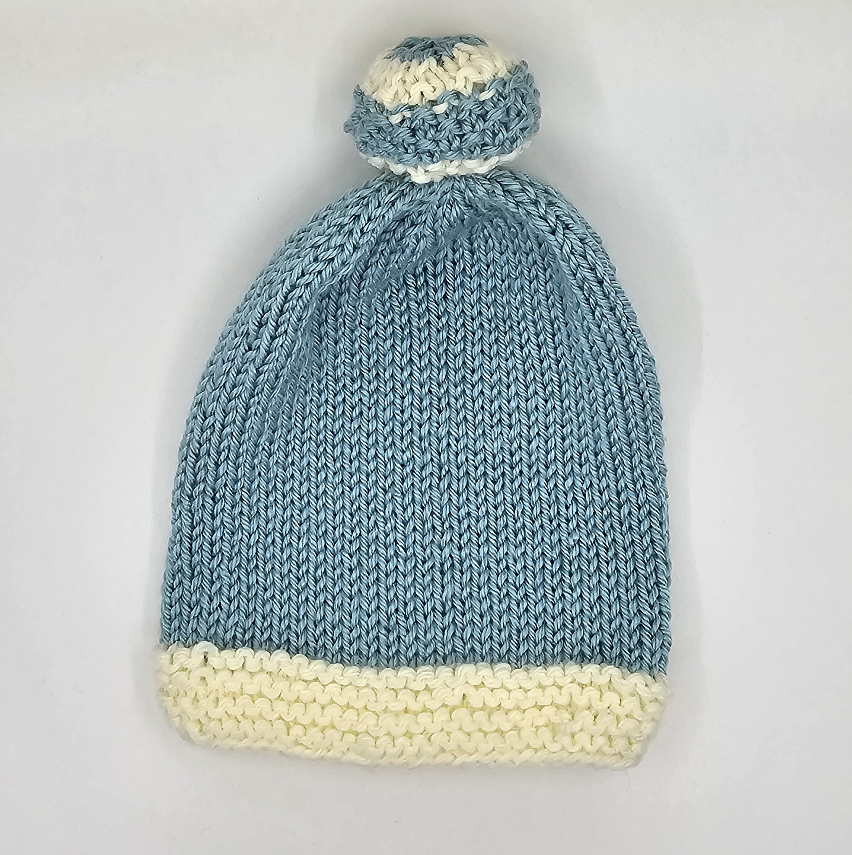 Hand Knit Infant Beanie - Blue and White