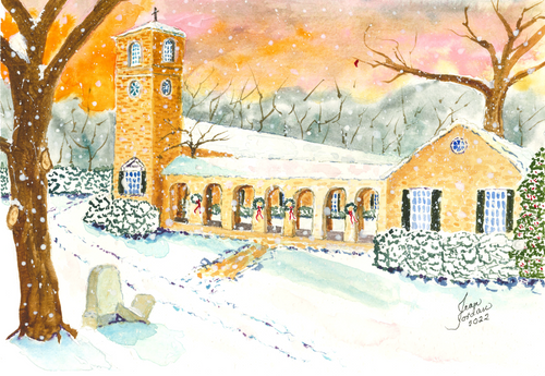 Watercolor note card featuring the Emanuel Greenwood church in Virginia