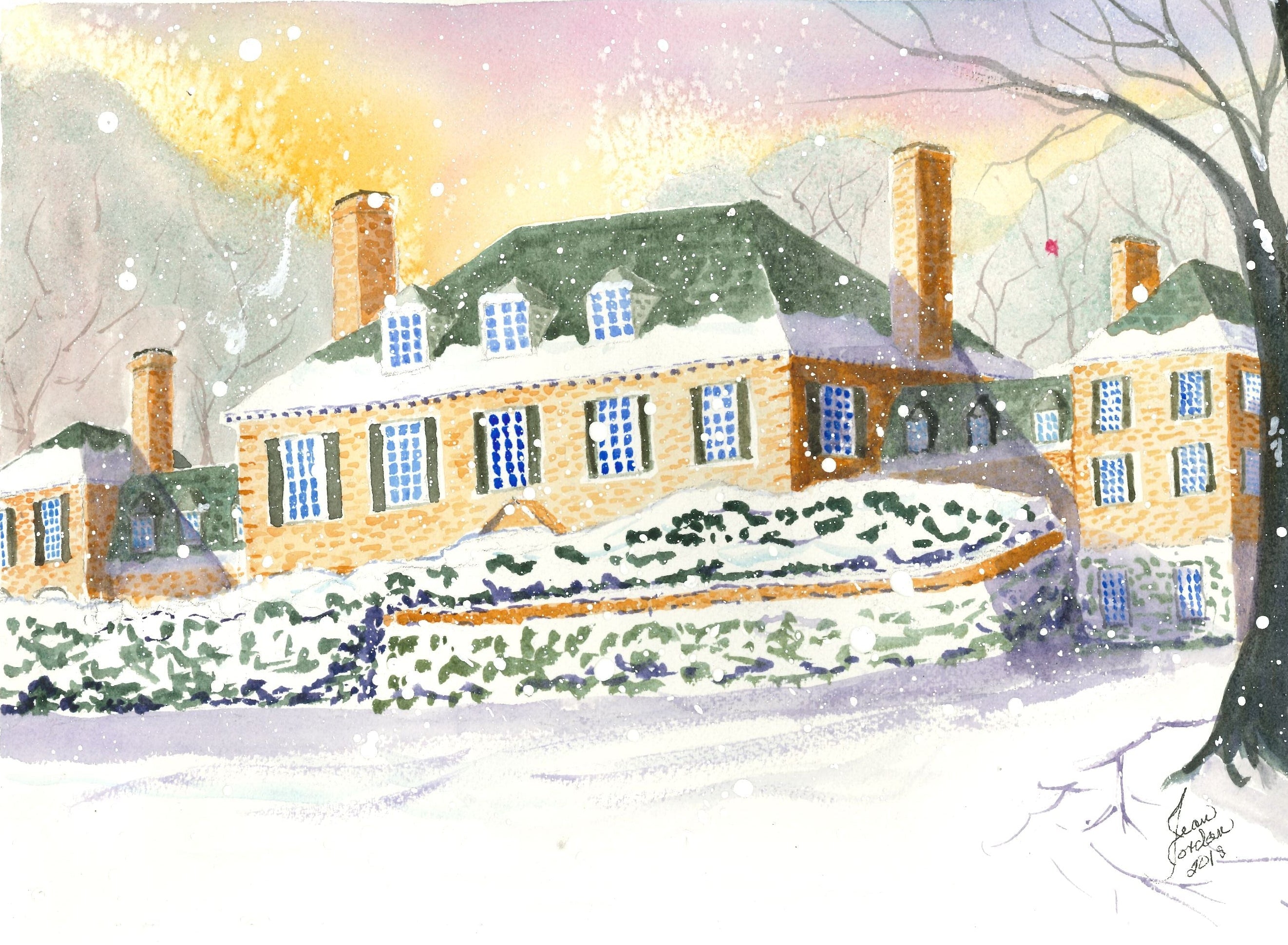 Watercolor note card featuringa historic Bottomley house in Virginia