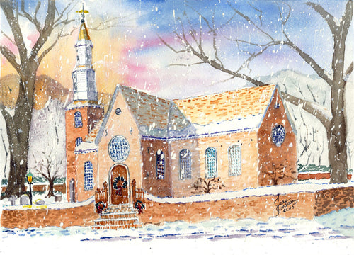 Watercolor note card featuring the historic Bruton Parish Church in Virginia