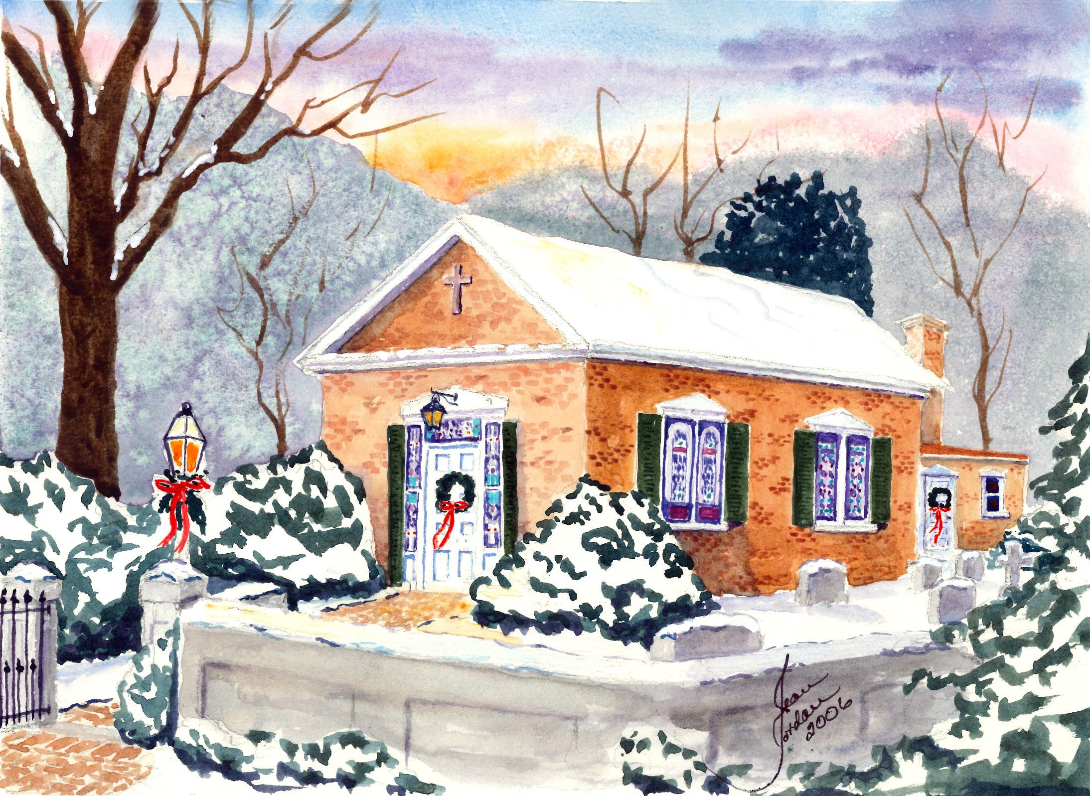 Watercolor note card featuring the historic St. Lukes church in Virginia