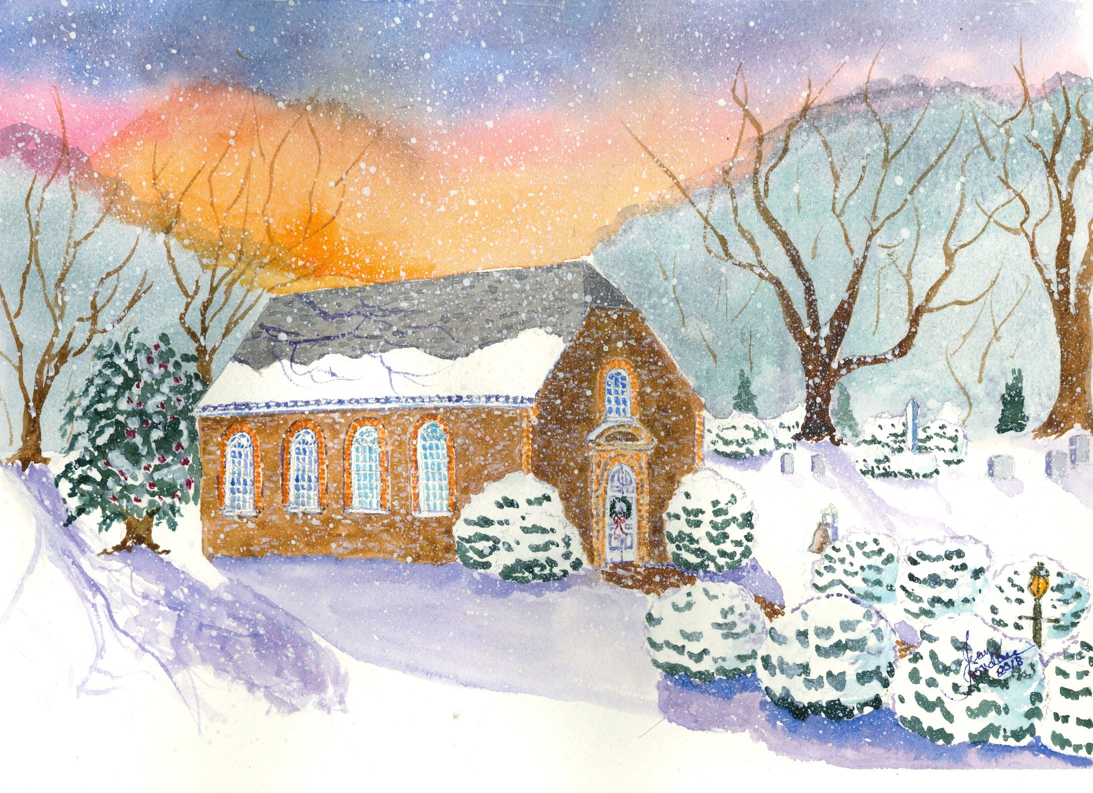 Watercolor note card featuring the historic Westover Parish church in Virginia